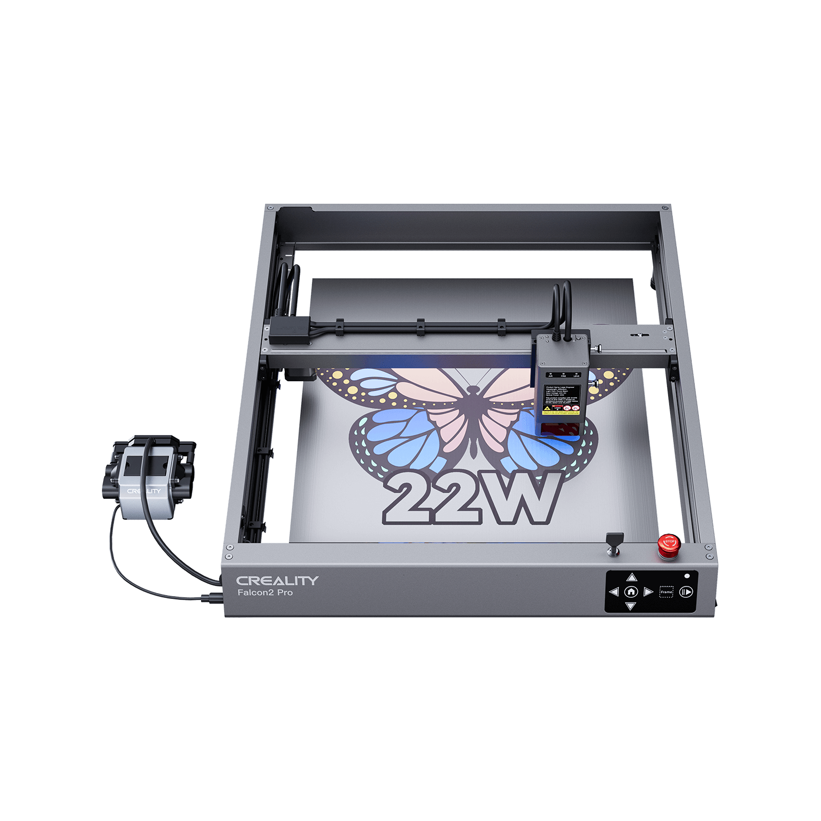 The Creality Falcon Falcon2 22W Laser Engraver and Cutter with integrated air assist etches a colorful butterfly and "22W" on a flat surface, showcasing its powerful cutting ability, precise control box, sturdy frame, and user-friendly buttons.