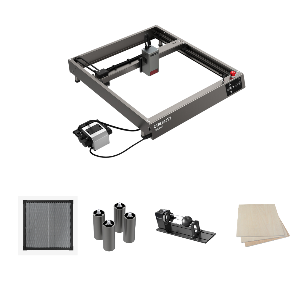 The Creality Falcon's Falcon2 22W Laser Engraver and Cutter Bundle Extension Kits are displayed with a connected motor, accompanied by tools such as a metal mesh, cylindrical parts, and a rotary device for curved surface engraving. All items are neatly arranged on wooden boards against a white background.