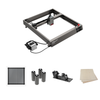 The Creality Falcon's Falcon2 22W Laser Engraver and Cutter Bundle Extension Kits are displayed with a connected motor, accompanied by tools such as a metal mesh, cylindrical parts, and a rotary device for curved surface engraving. All items are neatly arranged on wooden boards against a white background.