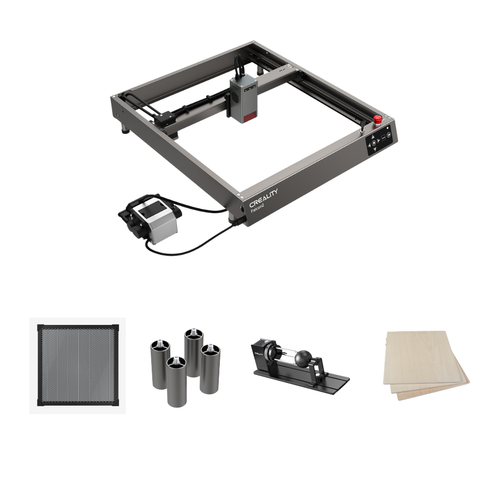The Creality Falcon's Falcon2 22W Laser Engraver and Cutter Bundle Extension Kits are displayed with a connected motor, accompanied by tools such as a metal mesh, cylindrical parts, and a rotary device for curved surface engraving. All items are neatly arranged on wooden boards against a white background.