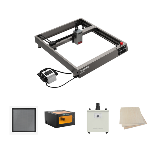 A Creality Falcon2 40W Laser Engraver and Cutter Bundle Protection Kit is showcased, elegantly resting on a Falcon Honeycomb Workbench. Below it are components: a laser protective cover, an air-assist pump, a set of wooden sheets, and an efficient smoke purifier.