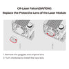 Creality Falcon's CR-Laser Falcon Replace Protective Lens guide illustrates two steps: remove goggles and old lens, then install the new 5W/10W lens by turning clockwise. Includes diagrams for alignment of the lens and laser module.