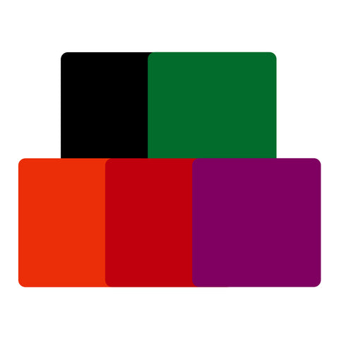 Five overlapping colored squares with black, dark green, bright orange, red, and purple from Creality Falcon's Opaque Glossy Colorful Acrylic Sheets set are perfect for CO₂ laser engravers to cut and engrave intricate designs in multiple scenarios.