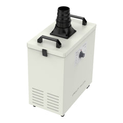 A beige Creality Falcon Smoke Purifier features black handles, a top nozzle for laser creation, and a side control panel with a dial. Ventilation slits at the bottom efficiently manage smoke and dust. The text "CREALITY FALCON" is prominently displayed on the side.