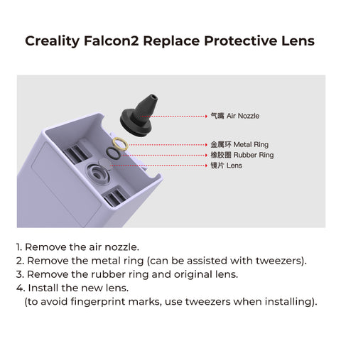 Diagram depicting the procedure to replace the protective lens on the Creality Falcon2 device. Featured parts are labeled as air nozzle, metal ring, rubber ring, and lens. Step-by-step instructions are numbered for easy navigation and apply to all models in the series for user convenience.
