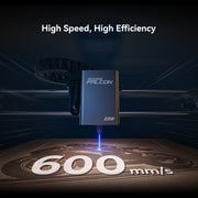 The Creality Falcon A1 Pro 20W Dual-laser Engraver head marks wood, featuring “600 mm/s” and “High Speed, High Efficiency” to emphasize its fast performance. Comes with a Free Test Kit.