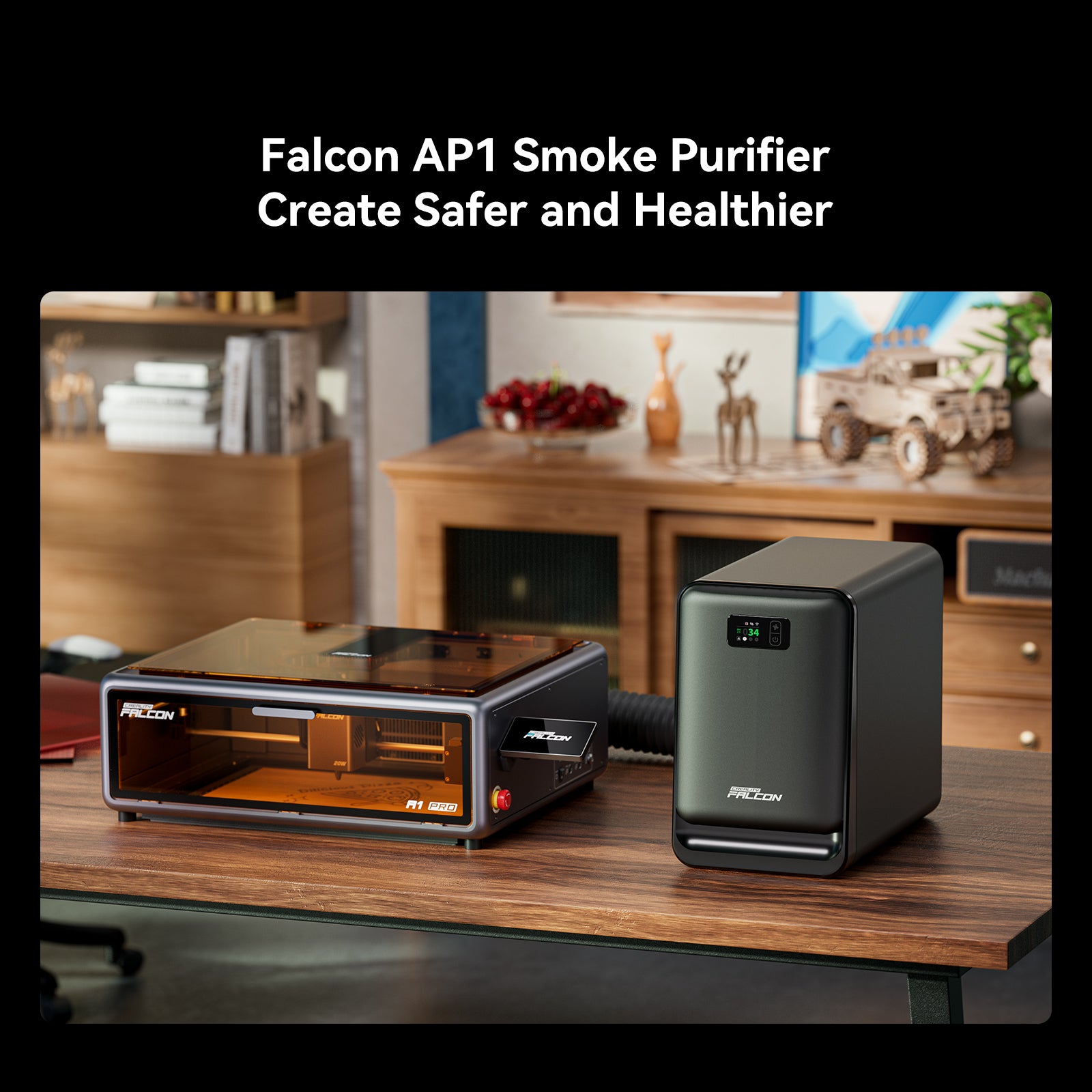 A Creality Falcon A1 Pro 20W Dual-laser Engraver sits on a wooden desk next to a smoke purifier, with office supplies and decor in the background. Text above reads: "Creality Falcon A1 Pro—Create Safer and Healthier. Free Test Kit Included.