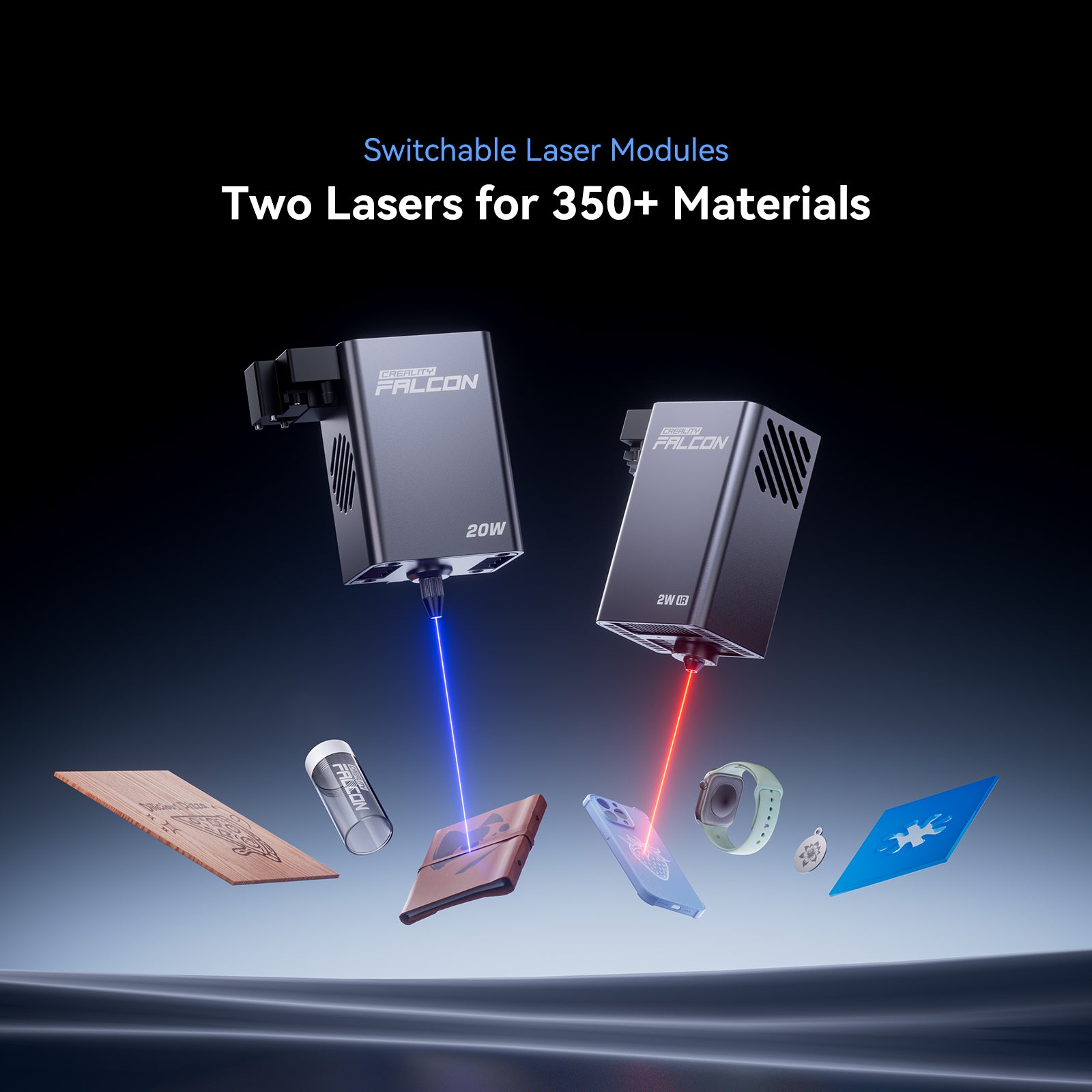 The Creality Falcon Falcon A1 Pro 20W Dual-laser Engraver emits red and blue beams to engrave wood, metal, leather, plastic, and a watch—showcasing its versatile ability to process over 350 materials. Comes with a free test kit.