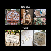 A collage displays Creality Falcon’s Falcon A1 Pro 20W Dual-laser Engraver crafts: a family tree sign, deer figurines, maps, plant motifs, wedding signs, engraved necklaces, and pet tags. Sections are labeled “20W Blue” and “2W IR.”.