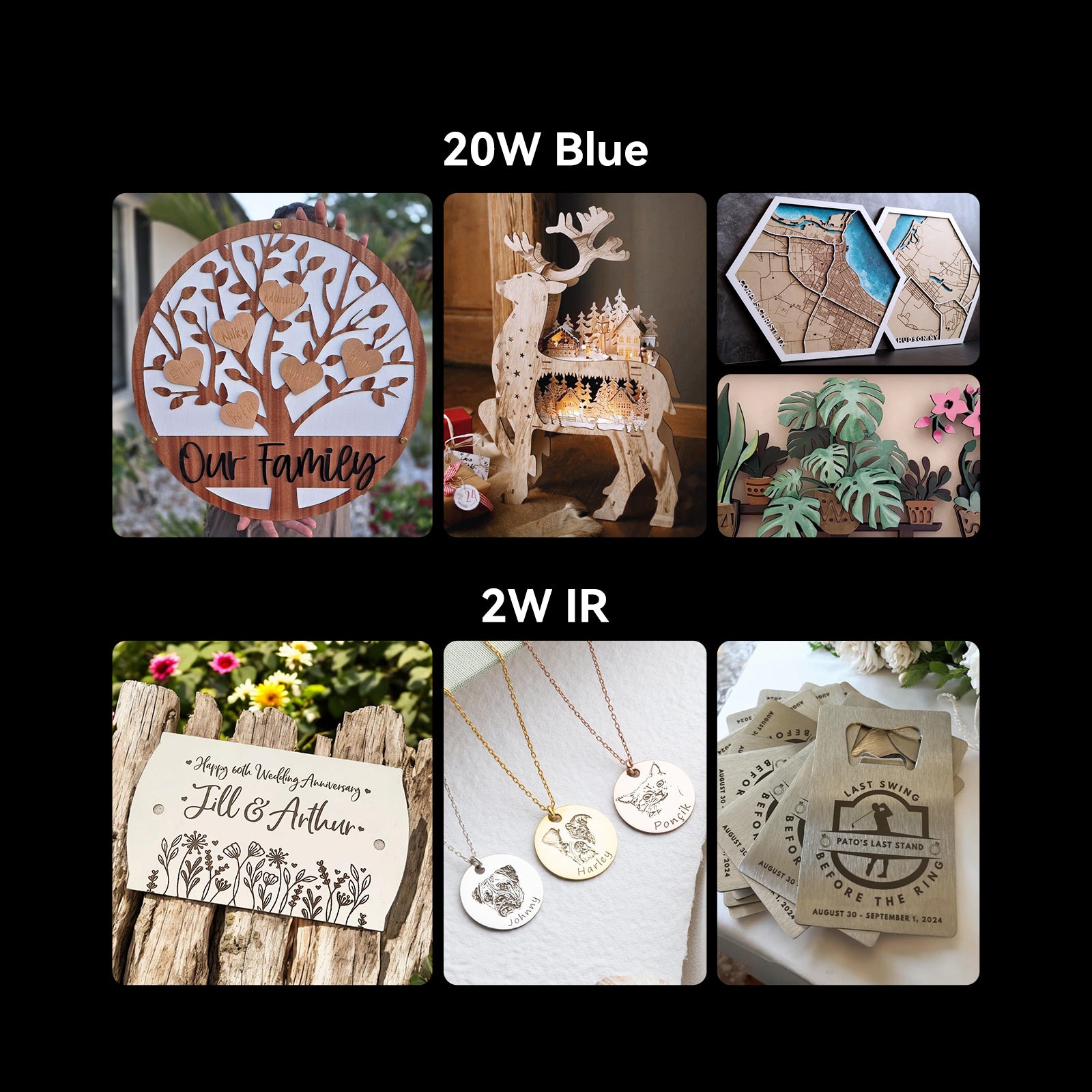 A collage displays Creality Falcon’s Falcon A1 Pro 20W Dual-laser Engraver crafts: a family tree sign, deer figurines, maps, plant motifs, wedding signs, engraved necklaces, and pet tags. Sections are labeled “20W Blue” and “2W IR.”.