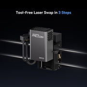 A close-up of the Creality Falcon Falcon A1 Pro 20W Dual-laser Engraver mounted on metal rails, labeled "20W." Text above reads "Tool-Free Laser Swap in 3 Steps." The background is dark. Includes a Free Test Kit.