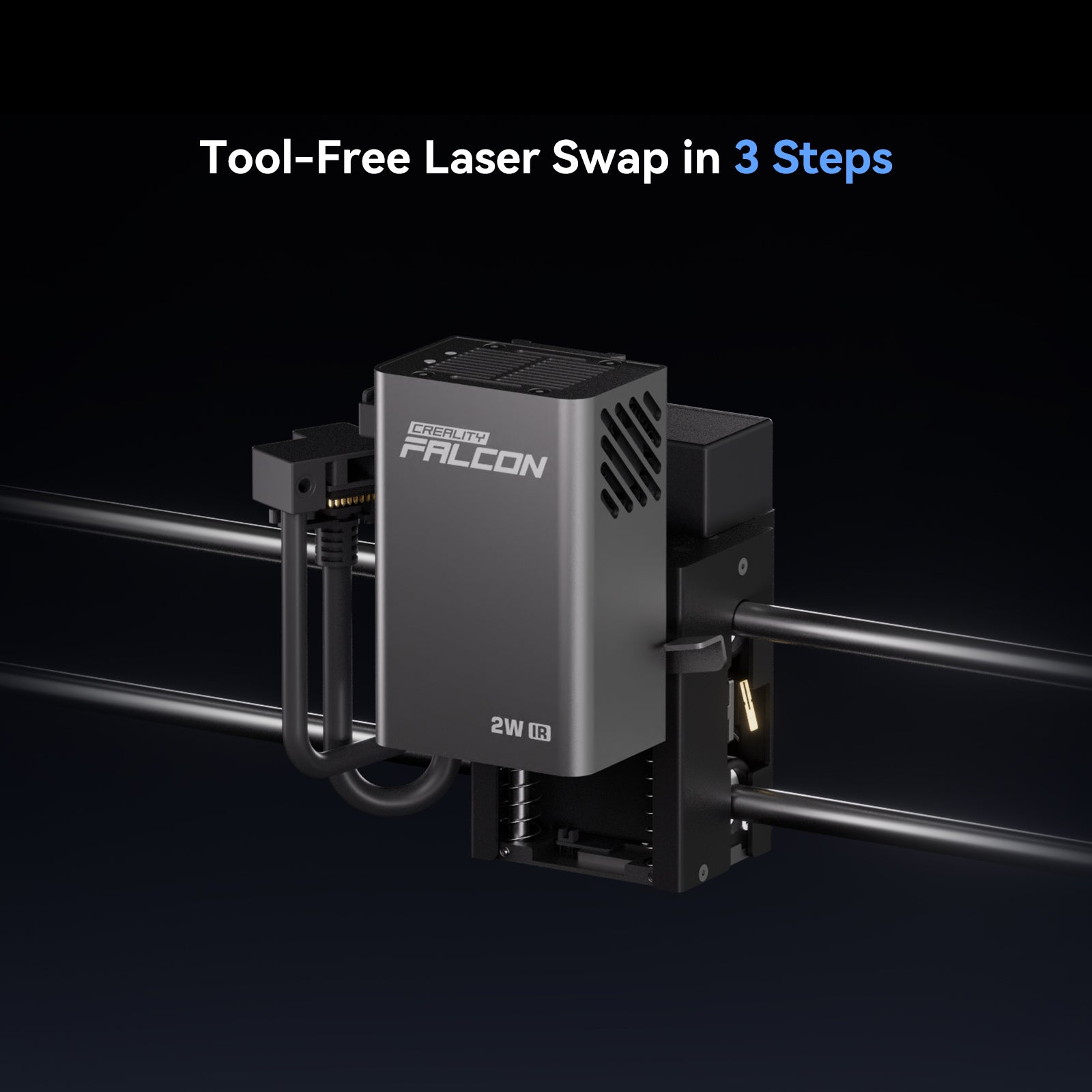 A close-up of the Creality Falcon Falcon A1 Pro 20W Dual-laser Engraver mounted on metal rails, labeled "20W." Text above reads "Tool-Free Laser Swap in 3 Steps." The background is dark. Includes a Free Test Kit.