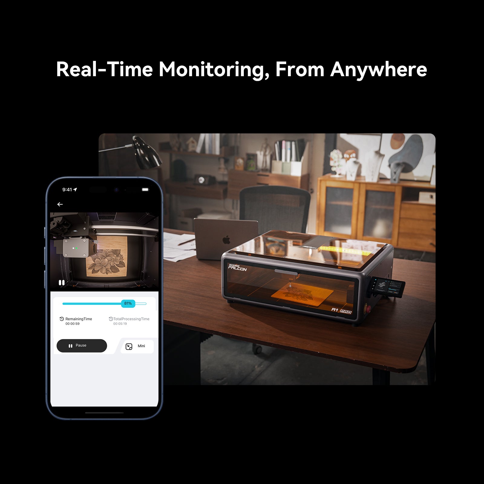 A Creality Falcon A1 Pro 20W Dual-laser Engraver sits on a desk, while a smartphone displays real-time remote monitoring. Text above: "Real-Time Monitoring, From Anywhere." Includes free test kit.