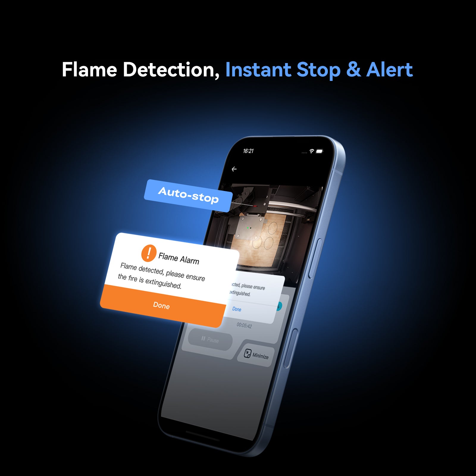 A smartphone shows a fire alert with "Auto-stop" for the Creality Falcon A1 Pro 20W Dual-laser Engraver + Free Test Kit, highlighting instant flame detection and automatic stop & alert features.