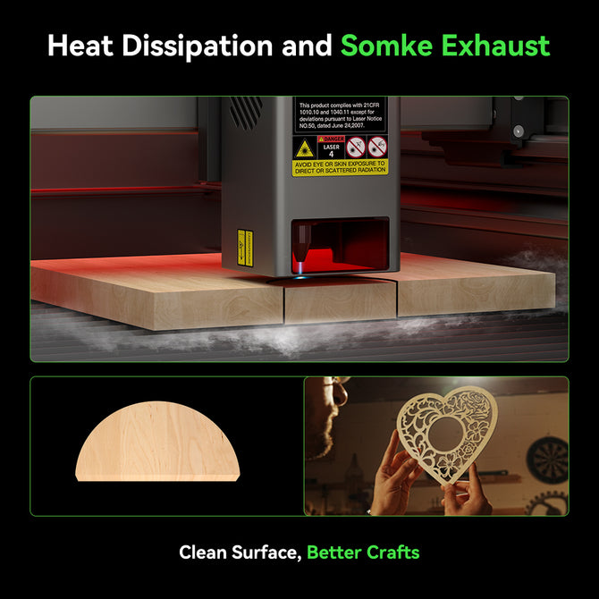 A CrealityFalcon laser cutter with the Creality Fence Type Protection Strip operates on wood, safety labels are visible. Below are images of a cleanly cut wooden semicircle and someone holding a heart-shaped craft. Text: “Heat Dissipation and Smoke Exhaust.”.