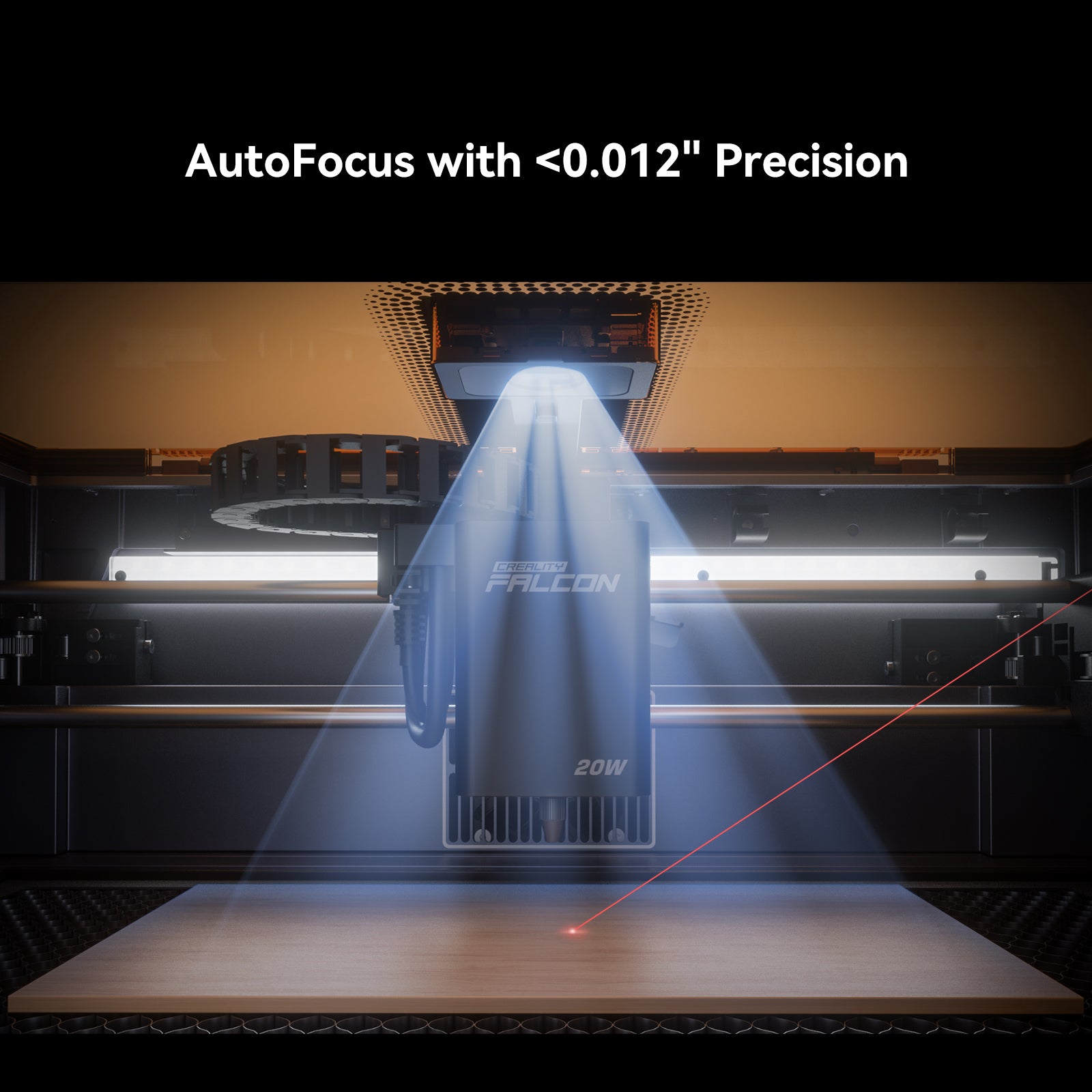 The Creality Falcon A1 Pro 20W Dual-laser Engraver’s autofocus emits a red laser onto a flat surface, showcasing precision under 0.012 inches. The text above states: “AutoFocus with <0.012" Precision.” Includes Free Test Kit.
