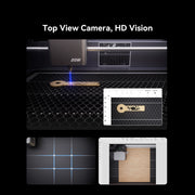 The Creality Falcon Falcon A1 Pro 20W Dual-laser Engraver and Free Test Kit uses a top view camera to engrave a wooden keychain. HD screens show the camera feed, grid alignment, and design. Text: “Top View Camera, HD Vision.”.
