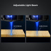 Image comparing two Creality Falcon 40W Laser Module beams labeled "Adjustable Light Beam." The left beam measures 0.1-0.15mm and the right 0.06-0.1mm, both enabling ultra-fast and intricate engraving on wood surfaces effortlessly.