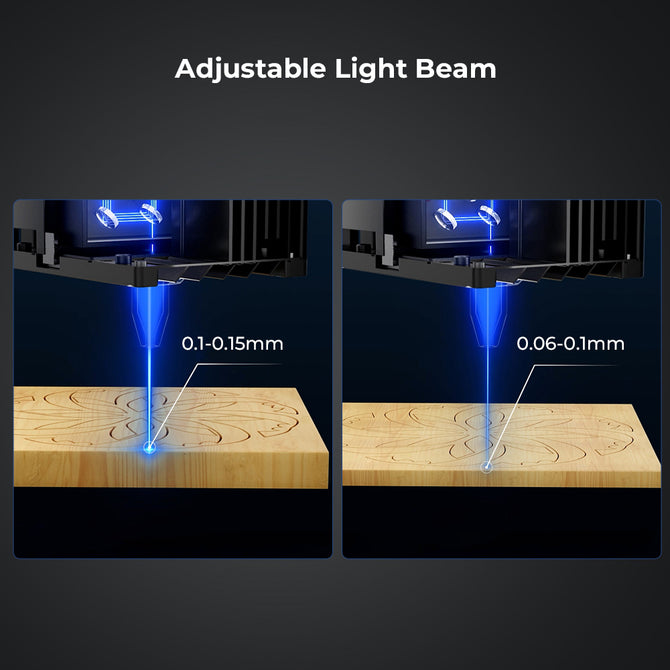 Image comparing two Creality Falcon 40W Laser Module beams labeled "Adjustable Light Beam." The left beam measures 0.1-0.15mm and the right 0.06-0.1mm, both enabling ultra-fast and intricate engraving on wood surfaces effortlessly.