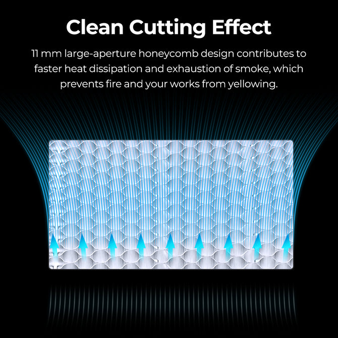 The CrealityFalcon 460*346mm Honeycomb Workbench for Creality Falcon A1 features a large-aperture honeycomb pattern that enhances heat dissipation and smoke exhaustion during cutting, as illustrated by blue airflow arrows.
