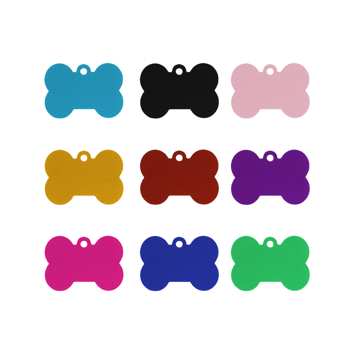 Nine Creality Falcon Aluminum Dog Tags, bone-shaped and anodized in blue, black, pink, yellow, red, purple, magenta, royal blue, and green, are displayed in a 3x3 grid on a white background.
