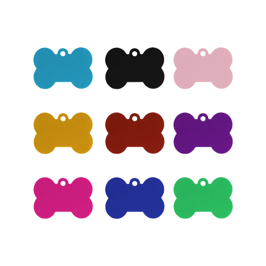 Creality Falcon Large Multicolor Anodized Aluminum Dog Tags: nine bone-shaped tags in blue, black, pink, yellow, red, purple, magenta, dark blue, and green. Displayed in a 3x3 grid on white with holes for collar attachment.