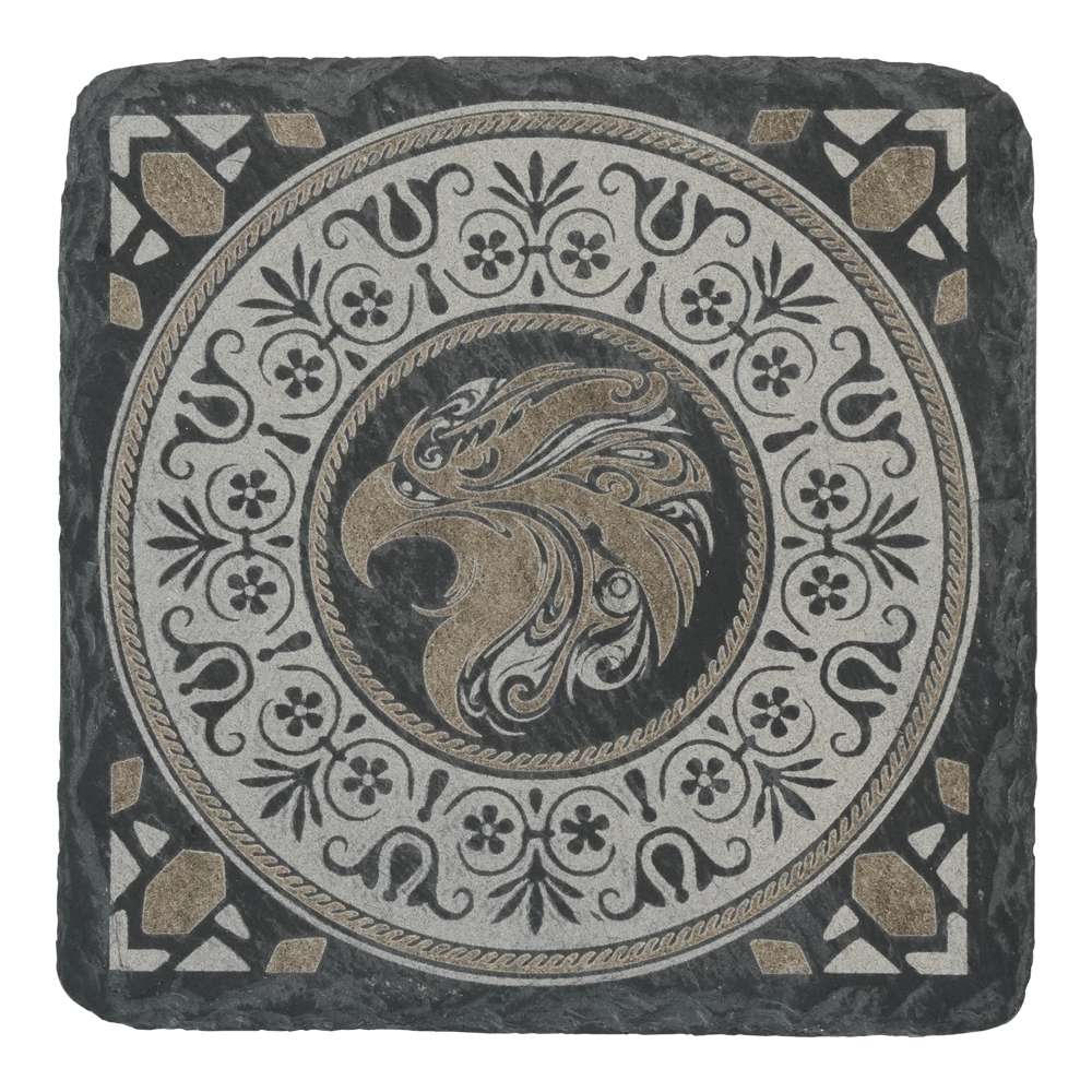 Creality Falcon Black Square Stone Coasters for Laser Engraver (5pcs) feature an ornate mosaic design with a stylized eagle head at the center, surrounded by floral and geometric patterns in gray, black, and bronze.