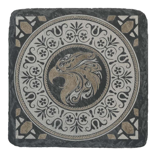Creality Falcon Black Square Stone Coasters for Laser Engraver (5pcs) feature an ornate mosaic design with a stylized eagle head at the center, surrounded by floral and geometric patterns in gray, black, and bronze.