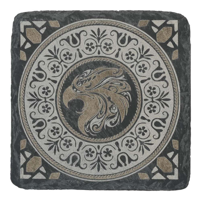 Creality Falcon Black Square Stone Coasters for Laser Engraver (5pcs) feature an ornate mosaic design with a stylized eagle head at the center, surrounded by floral and geometric patterns in gray, black, and bronze.