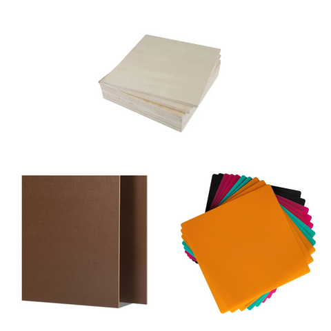 A collage displays Creality Falcon’s Basswood, Brownwood, and Acrylic Sheets Mega Pack for Laser Engraving—Basswood Plywood Sheets at the top, Brown Wood sheets bottom left, and fanned Colorful Acrylic Sheets (including yellow) bottom right.