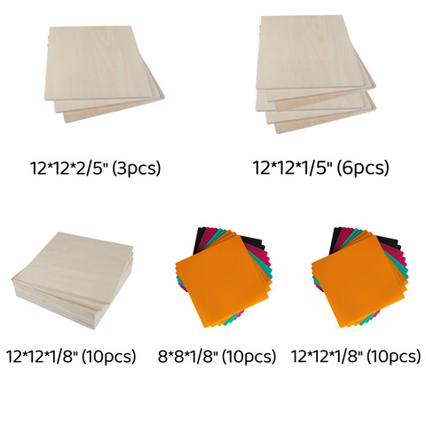 Creality Falcon Basswood and Colorful Acrylic Sheets 12x12'' Mega Pack (39pcs) are displayed on a white background in groups by type, each labeled with dimensions and quantity for laser engraving and cutting.