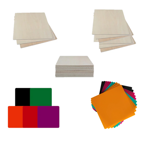 At the top and center are five stacks of light Basswood sheets; below are glossy, colorful acrylic sheets—two sets of rectangular vinyls and a fanned set of squares from the Creality Falcon Basswood & Colorful Acrylic Sheets 12x12” Mega Pack (39pcs).