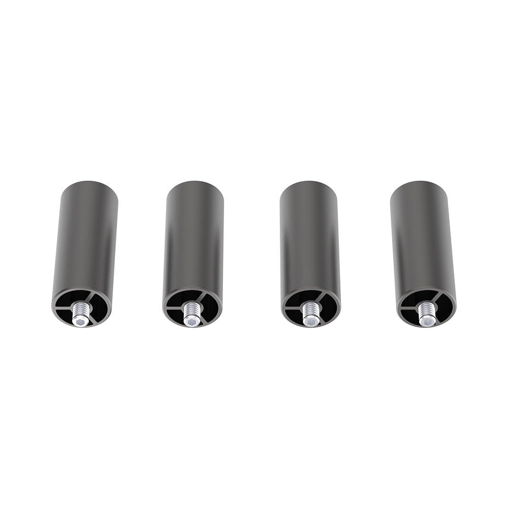 A set of four gray cylindrical risers from the Creality Falcon brand's Falcon2 & Falcon2 Pro Series are lined up against a white background, each featuring screws protruding from one end. These components are commonly utilized for precise height adjustments in advanced engraving machines.