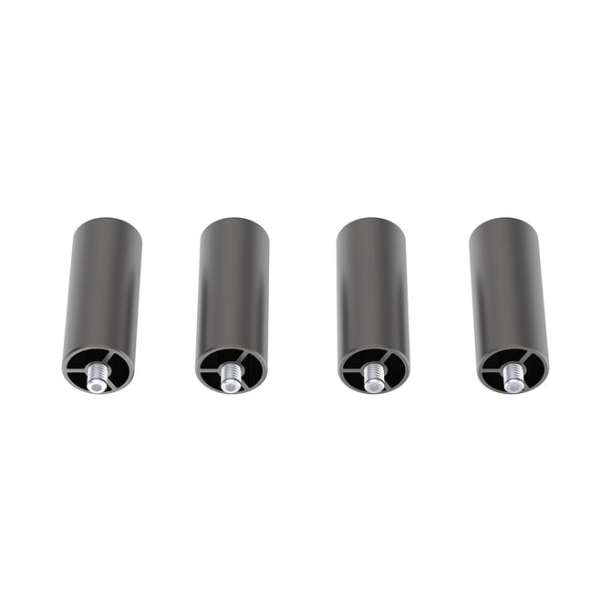 A set of four gray cylindrical risers from the Creality Falcon brand's Falcon2 & Falcon2 Pro Series are lined up against a white background, each featuring screws protruding from one end. These components are commonly utilized for precise height adjustments in advanced engraving machines.