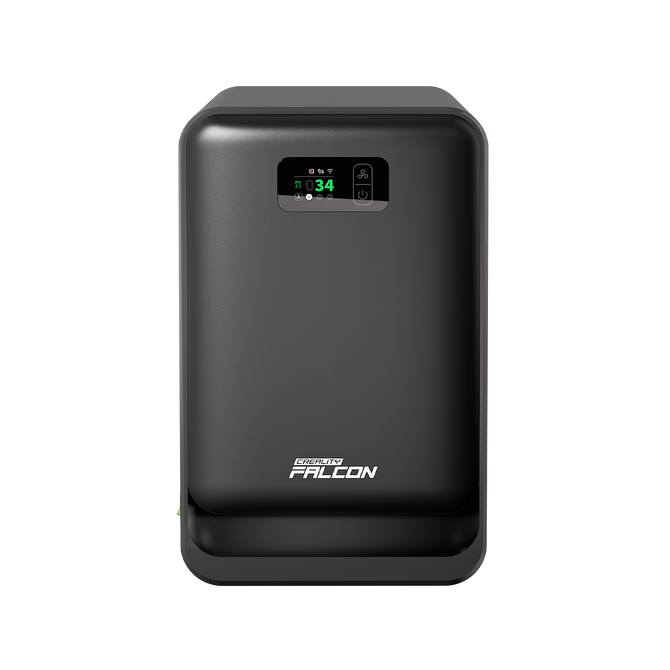 The Creality Falcon AP1 Smoke Purifier is a black, rectangular device with a digital display and control buttons on the front, featuring the "FALCON" logo at the bottom, shown against a white background.
