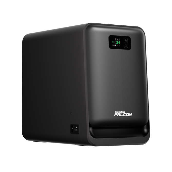 A black, box-shaped Creality Falcon AP1 Smoke Purifier labeled "FALCON" features a small digital display and control buttons on the top right corner, displayed against a plain white background.