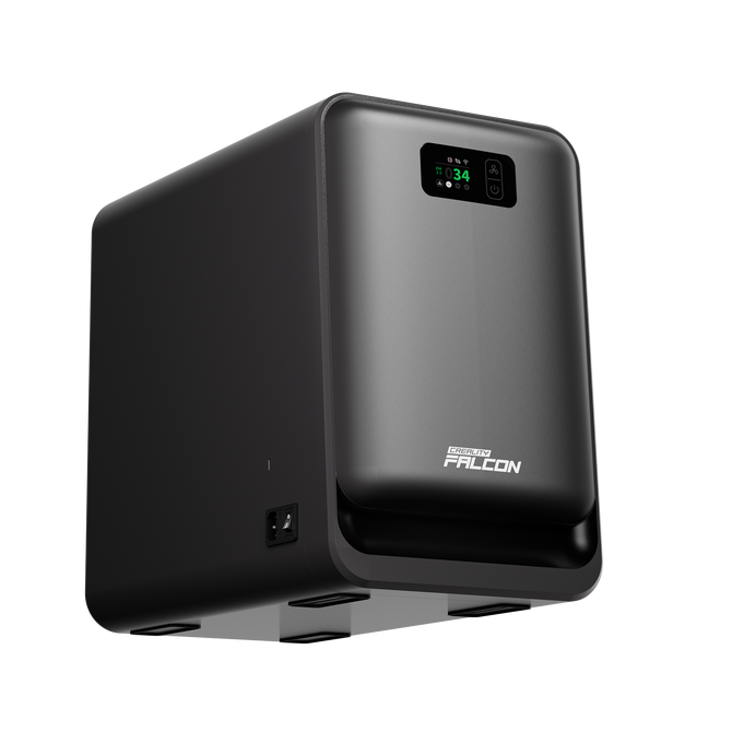 The Creality Falcon AP1 Smoke Purifier, a sleek black cube-shaped device with a digital display and "Falcon" label on the front, is shown against a plain white background.