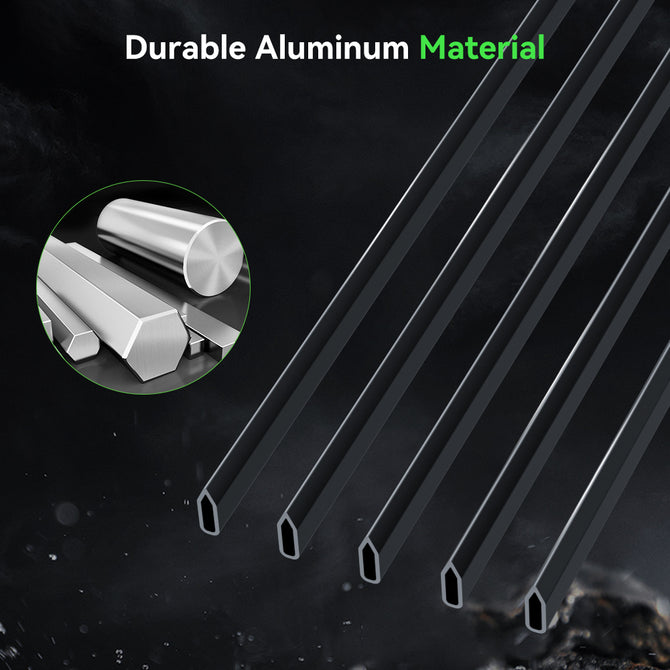 Five black hexagonal CrealityFalcon aluminum bars for the Creality Fence Type Protection Strip are arranged diagonally. Inset shows a close-up of shiny rods and bars. Text reads "Durable Aluminum Material" with "Material" highlighted in green.
