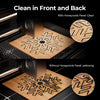 A laser engraver cuts a snowflake on wood. Top: with the CrealityFalcon 460*346mm Honeycomb Workbench for Creality Falcon A1, the wood stays clean. Bottom: without it, yellowing appears. Insets show the contrast.