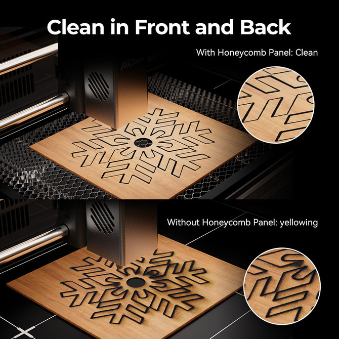 A laser engraver cuts a snowflake on wood. Top: with the CrealityFalcon 460*346mm Honeycomb Workbench for Creality Falcon A1, the wood stays clean. Bottom: without it, yellowing appears. Insets show the contrast.