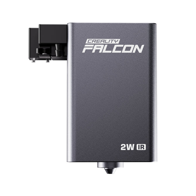 A metallic rectangular device, the Creality Falcon 2W Infrared Laser Module, features a small nozzle at the bottom and an electronic connector on the top left side.