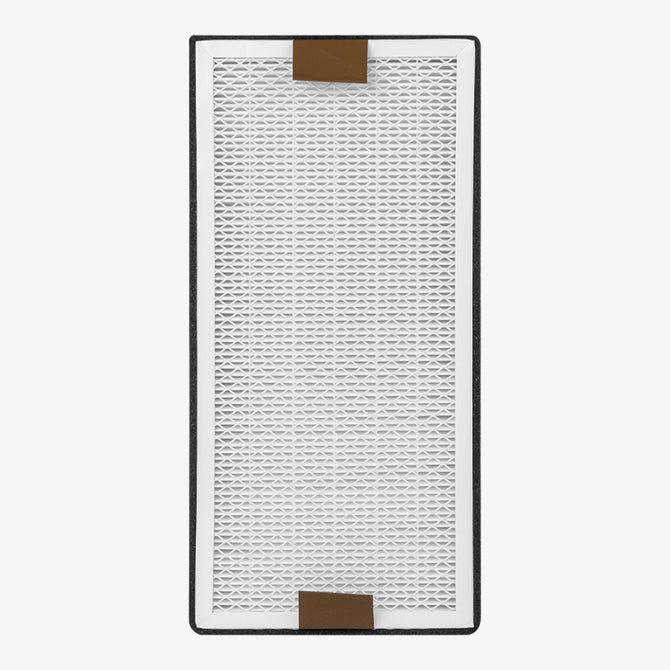 The white rectangular filter replacement for the Creality Falcon Smoke Purifier has a textured grid pattern with a sleek black border and includes two brown tabs at the top and bottom against a solid white background.