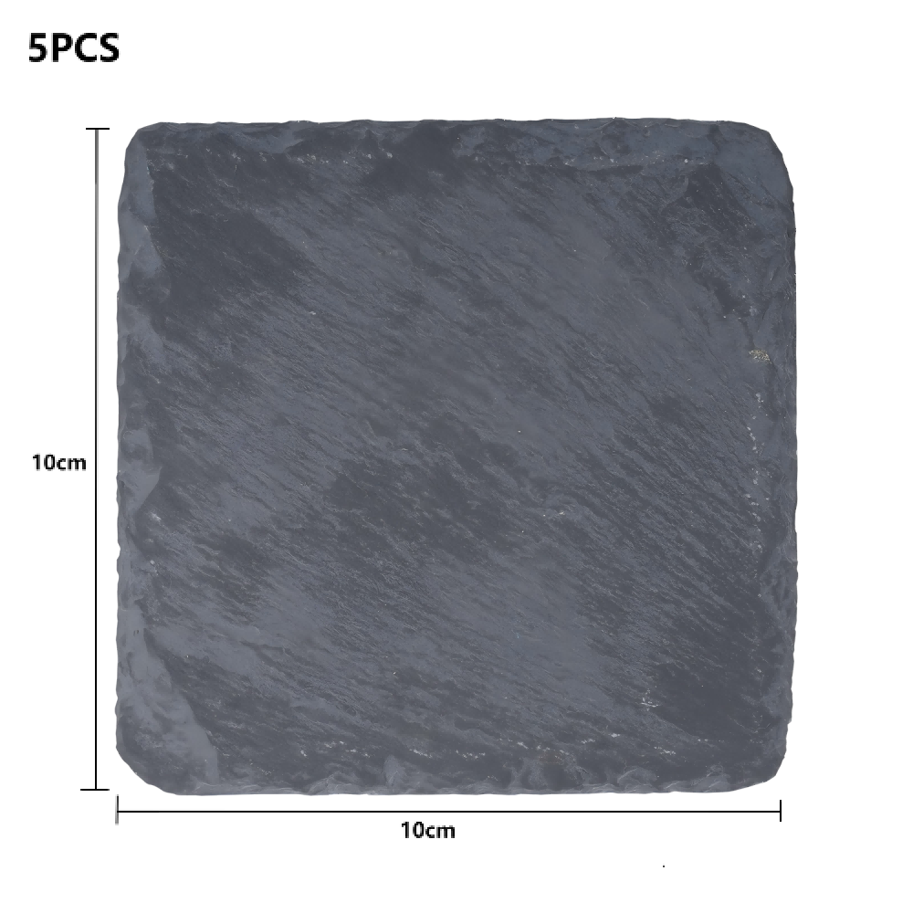 The image displays Creality Falcon Black Square Stone Coasters for Laser Engraver (5pcs), each measuring 10x10 cm and shown from above.