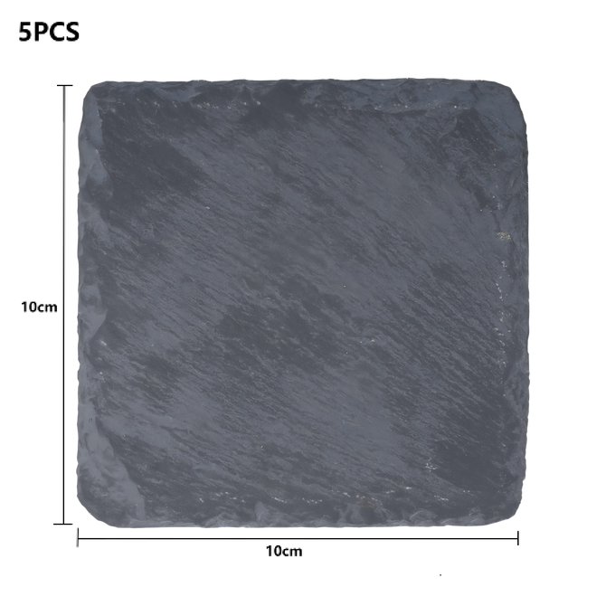 The image displays Creality Falcon Black Square Stone Coasters for Laser Engraver (5pcs), each measuring 10x10 cm and shown from above.