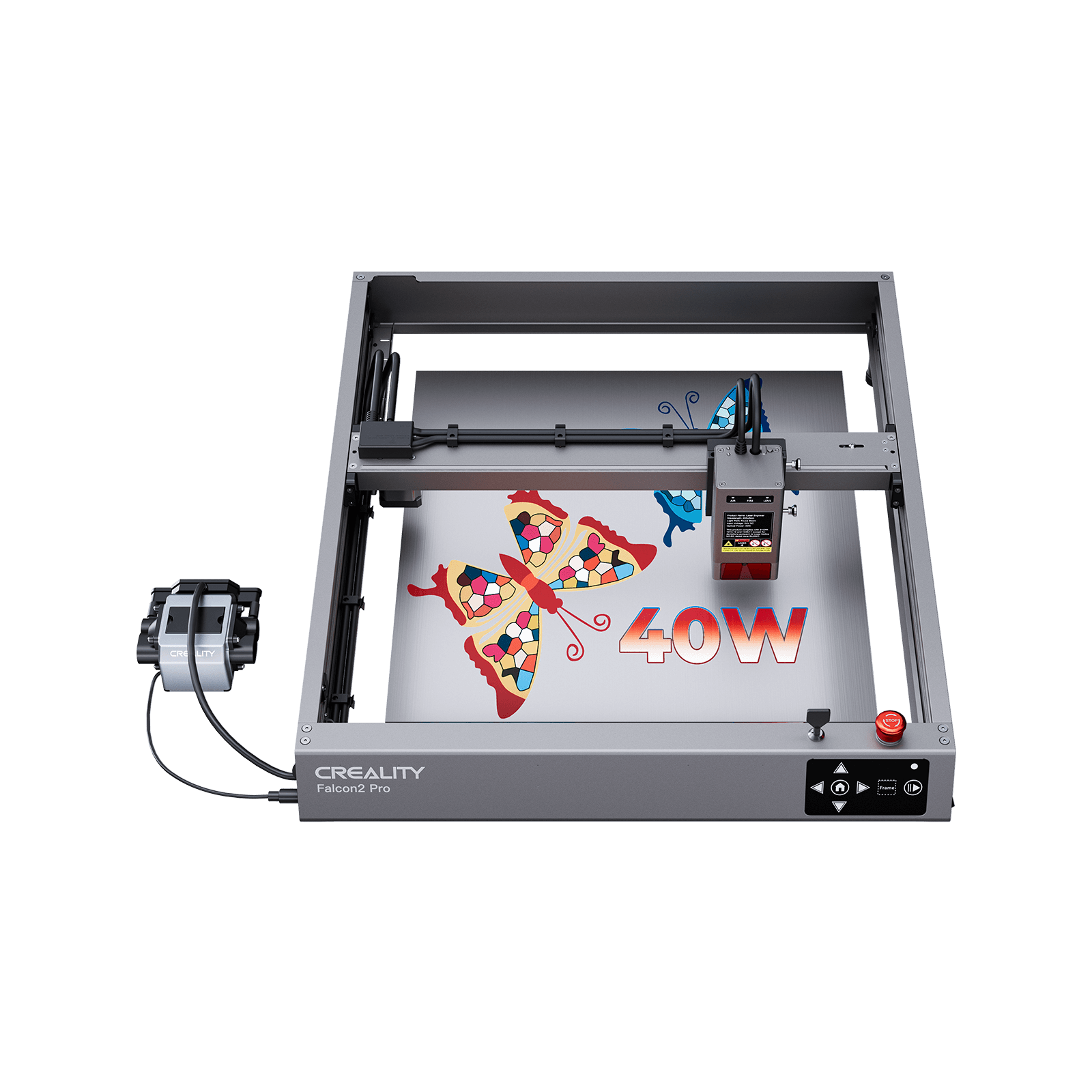 A gray Creality Falcon2 40W Laser Engraver and Cutter by Creality Falcon, featuring an anodized aluminum frame, engraves a colorful butterfly and "40W" text on a flat surface with the control panel and power supply on the left.