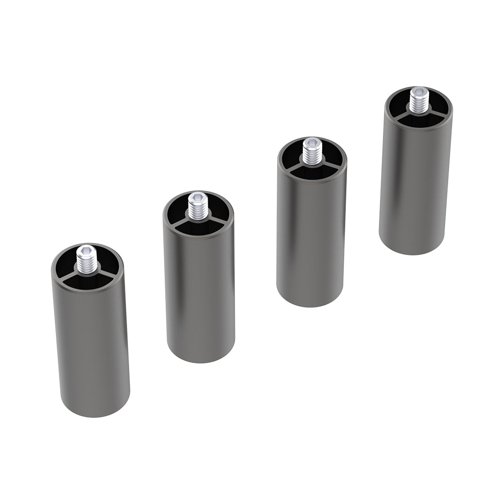 On a plain white background, four Risers for the Falcon2 & Falcon2 Pro Series Laser Engraving, from Creality Falcon, are arranged in a row. Each riser is cylindrical and metallic, featuring precision design similar to engraving machines. They include a threaded screw at the top for attachment and allow for easy height adjustment.