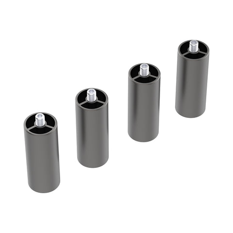 On a plain white background, four Risers for the Falcon2 & Falcon2 Pro Series Laser Engraving, from Creality Falcon, are arranged in a row. Each riser is cylindrical and metallic, featuring precision design similar to engraving machines. They include a threaded screw at the top for attachment and allow for easy height adjustment.