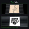 A graphic with CrealityFalcon’s Fence Type Protection Strip shows two engraving modes: an intricate wood design for hard materials on top, and a tiger illustration on softer materials like leather, scratch, and glitter paper below.