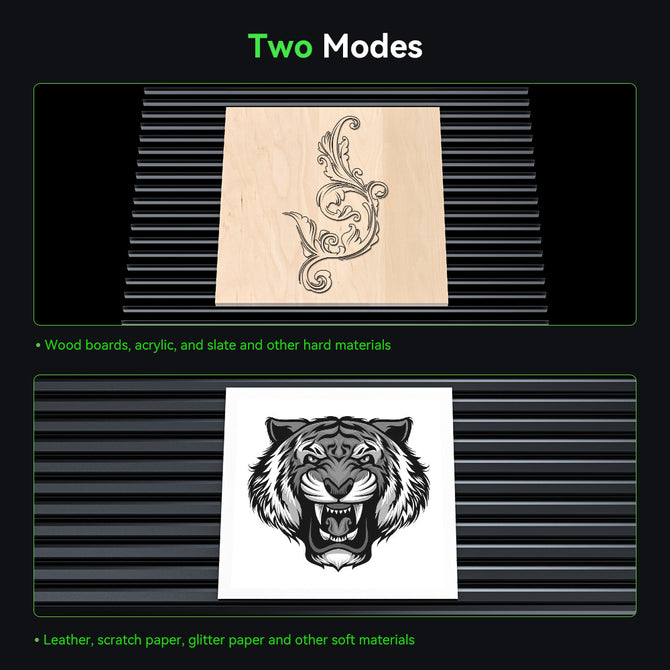 A graphic with CrealityFalcon’s Fence Type Protection Strip shows two engraving modes: an intricate wood design for hard materials on top, and a tiger illustration on softer materials like leather, scratch, and glitter paper below.