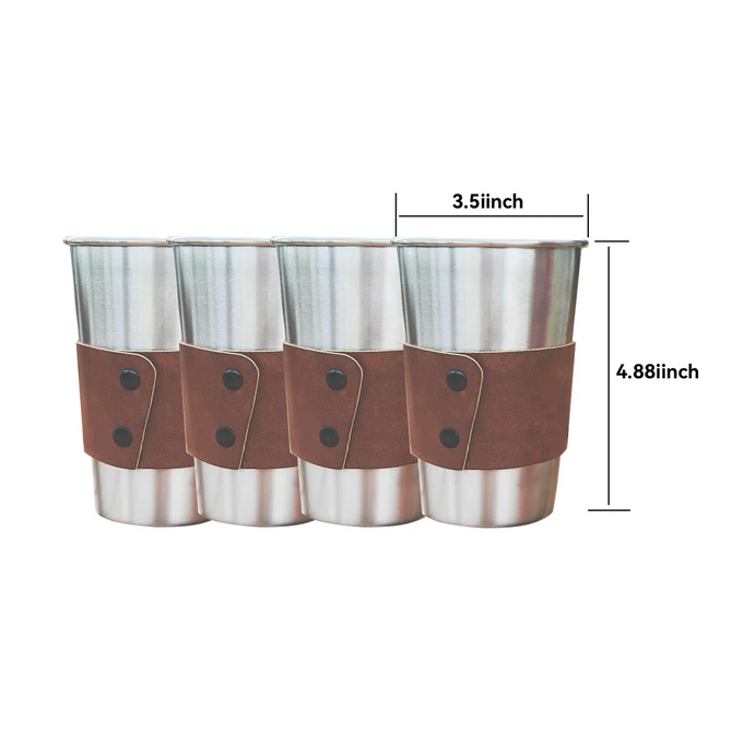 The 500ML Stainless Steel Cups with Leather Covers - 4-Pack from Creality Falcon are displayed in a row. Crafted from food-grade steel, each cup features a brown leather grip and measures 3.5 inches in diameter and 4.88 inches in height. They provide an ideal surface for laser engraving, making them perfect for personalization.